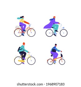 Set of flat illustrations of different people wearing casual clothes riding different kinds of city bikes 