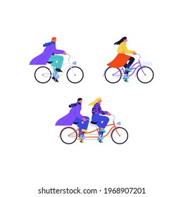 Set of flat illustrations of different people wearing casual clothes riding vintage cruiser city bikes and a couple riding a tandem bicycle