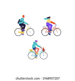 Set of flat illustrations of different people wearing casual clothes riding vintage city bikes 