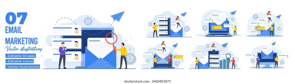  Set of flat illustrations of email marketing concepts, Online business strategy, Advertising, Email newsletter, messaging, Marketing materials 