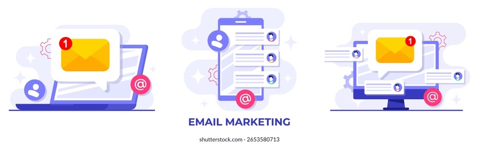  Conjunto de ilustraciones planas de conceptos de marketing por correo electrónico, estrategia de negocios en línea, publicidad, boletín de correo electrónico, mensajería, materiales de marketing 
