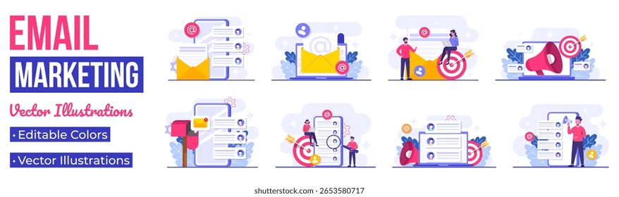  Set of flat illustrations of email marketing concepts, Online business strategy, Advertising, Email newsletter, messaging, Marketing materials 