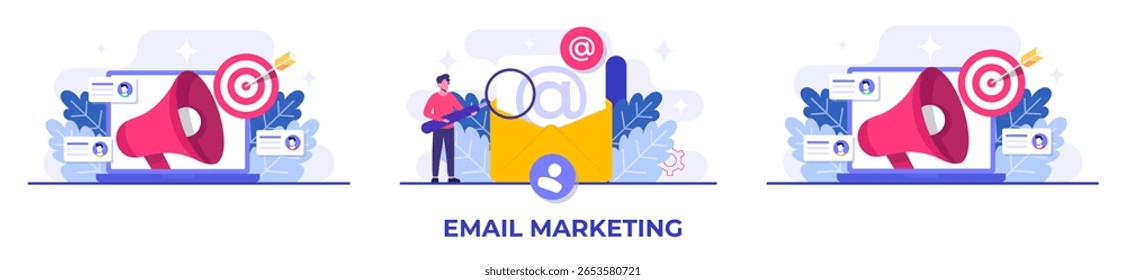  Set of flat illustrations of email marketing concepts, Online business strategy, Advertising, Email newsletter, messaging, Marketing materials 