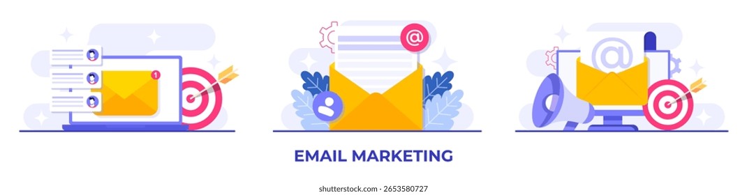  Conjunto de ilustraciones planas de conceptos de marketing por correo electrónico, estrategia de negocios en línea, publicidad, boletín de correo electrónico, mensajería, materiales de marketing 
