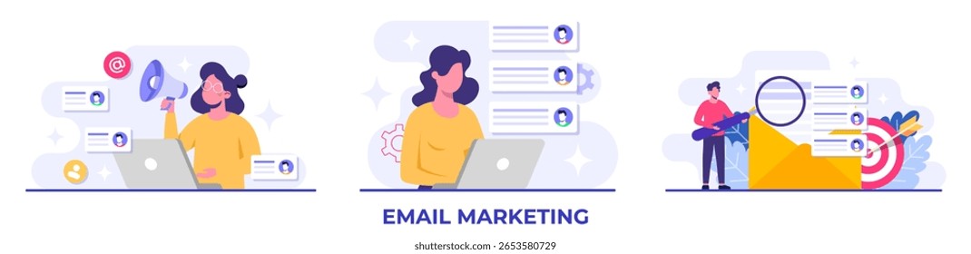  Conjunto de ilustraciones planas de conceptos de marketing por correo electrónico, estrategia de negocios en línea, publicidad, boletín de correo electrónico, mensajería, materiales de marketing 