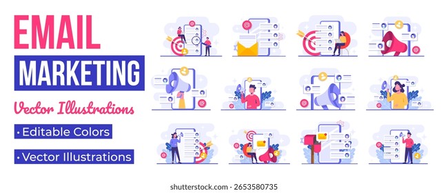  Conjunto de ilustraciones planas de conceptos de marketing por correo electrónico, estrategia de negocios en línea, publicidad, boletín de correo electrónico, mensajería, materiales de marketing 