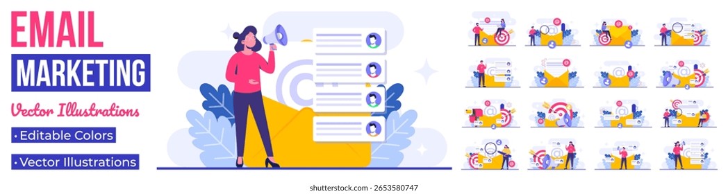  Conjunto de ilustraciones planas de conceptos de marketing por correo electrónico, estrategia de negocios en línea, publicidad, boletín de correo electrónico, mensajería, materiales de marketing 