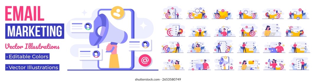 Set of flat illustrations of email marketing concepts, Online business strategy, Advertising, Email newsletter, messaging, Marketing materials 