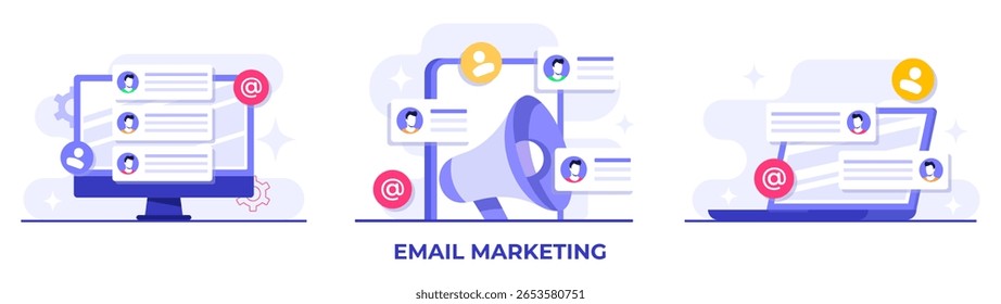  Conjunto de ilustraciones planas de conceptos de marketing por correo electrónico, estrategia de negocios en línea, publicidad, boletín de correo electrónico, mensajería, materiales de marketing 