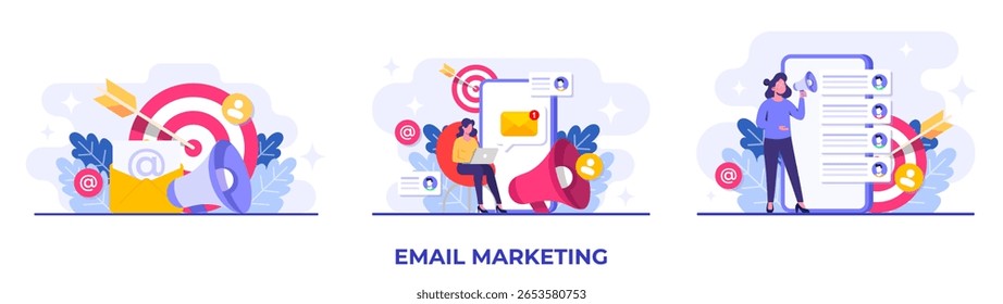  Conjunto de ilustraciones planas de conceptos de marketing por correo electrónico, estrategia de negocios en línea, publicidad, boletín de correo electrónico, mensajería, materiales de marketing 