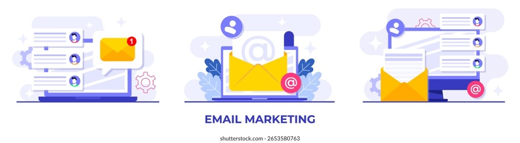  Conjunto de ilustraciones planas de conceptos de marketing por correo electrónico, estrategia de negocios en línea, publicidad, boletín de correo electrónico, mensajería, materiales de marketing 