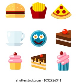 A set of flat illustrations. Fast food breakfast and lunch