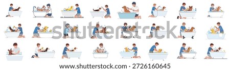 Set of flat illustrations featuring pet owners washing and grooming various dog breeds in bathtubs, symbolizing pet hygiene and care routine.