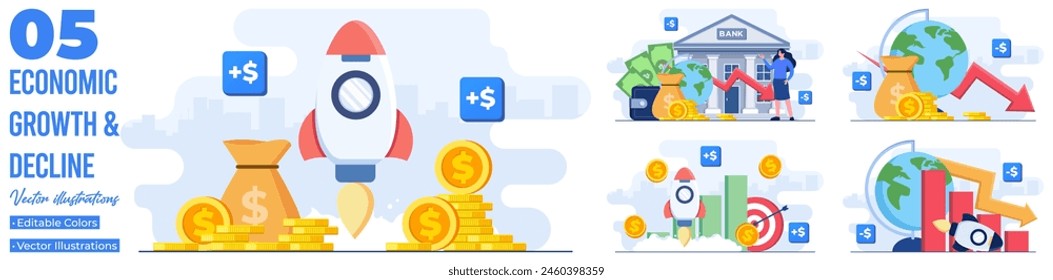  Set of flat illustrations of financial crisis, Economic recession, Market crash, Bankruptcy, Company failure, Debt, Financial and economic growth, Financial success, and money growth 