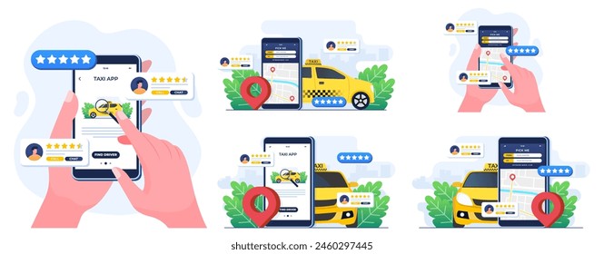 Set of flat illustrations of  Find a taxi driver online, Online taxi, Taxi service application, Rent and share car, Remote vehicle sharing, Navigation pin