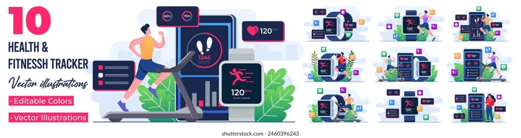 Set of flat illustrations of fitness tracker mobile app, Smart working, Training, Sports exercises, Monitoring heart rate in fitness app, running on a treadmill