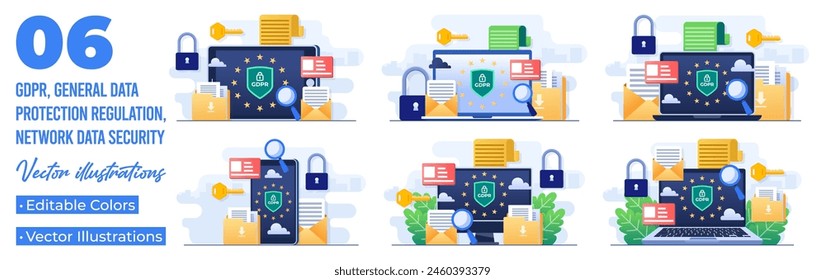 Conjunto de ilustraciones planas del RGPD, Regulación general de protección de datos, Seguridad de datos de red, Protección de datos confidencial, Seguridad de Web, Tecnología de ciberseguridad
