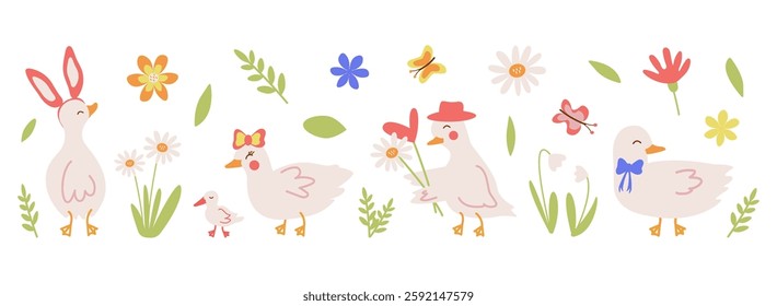 Um conjunto de ilustrações planas de gansos, patos com flores e símbolos de feriado de Páscoa. Margaridas, corações, personagens fofos e orelhas de coelho