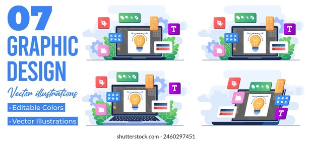 Conjunto de ilustraciones planas de aplicación de software de Diseño gráfico en pantalla de dispositivo, Herramientas de diseño, símbolos, íconos y Elementos en pantalla, Creadores en el trabajo, Diseño gráfico, diseñador 