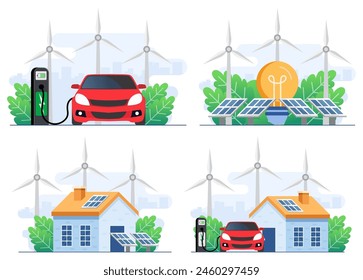 Set of flat illustrations of green energy technology concepts, Ecological transport, Ecology, Electrified transportation e-motion, Electric car, Solar panels, and wind turbines, Alternative energy
