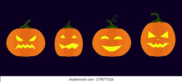 set of flat illustrations of halloween pumpkins with glowing eyes and mouths