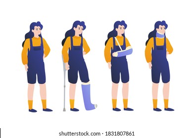 Set of flat illustrations of a healthy girl and woman with broken bones. Plaster cast on the leg, a female with a crutch, a sad expression on her face. Broken arm and neck. Health care concept.