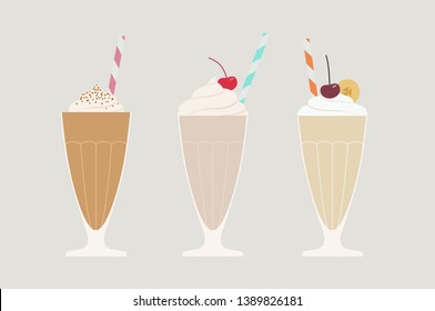 Set of flat illustrations with healthy sweet milkshakes, refreshing bevereges with chocolate, cream, pistachio, vanilla and whipping cream, cherry, banana, chocolate chip, cocktail straw on the top