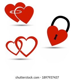 Set of flat illustrations. Hearts fastened with a pin, a heart lock, hearts glued together. For the design of holiday cards, covers, banners, flyers for Valentine's Day.