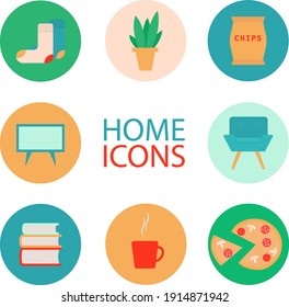 Set of flat illustrations of home interior and weekend at home.cozy illustrations of lamp, socks, cups, pizza, armchair, TV, chips, flower.