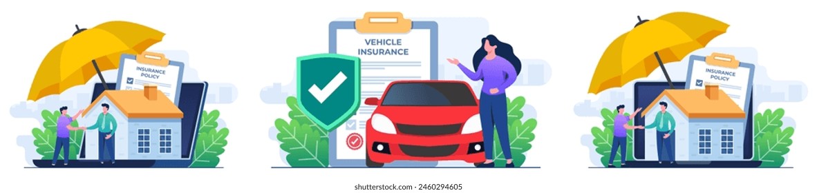 set of flat illustrations of insurance, Property security, Financial protection, Real estate insurance policy,  Vehicle insurance, Car safety, assistance and protection