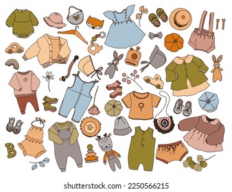 Set of flat illustrations of kids and baby’s apparels, shoes, accessories and toys. Boho style kids clothes.