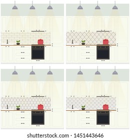 Set of flat illustrations kitchen. Varieties of ceramic tiles for the kitchen in the Scandinavian style.