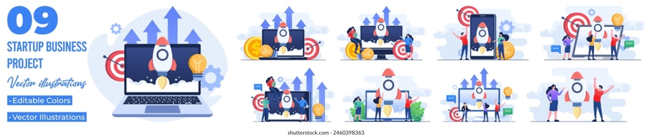 Set of flat illustrations of launching startup business project, successful business strategy, Business development, Entrepreneurship, Innovation product, creative idea, Teamwork
