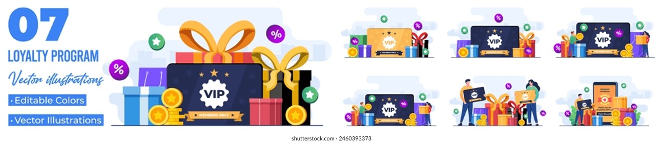 Set of flat illustrations of loyalty program marketing strategy, Loyalty card, Discount, and bonuses, Earn reward points, cashback income
