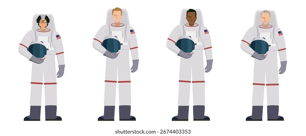 Set of flat illustrations of male astronauts of various races. Diverse Astronauts Flat Design Vector Illustration.
