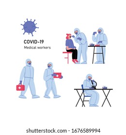 Set of flat illustrations of medical doctors wearing covid-19 protection suit running tests, doing research, walking and treating patient at the medical office