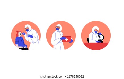 Set of flat illustrations of medical doctors wearing covid-19 protection suit running tests, doing research, walking and treating patient at the medical office