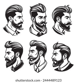 Conjunto de ilustraciones planas de rostros de hombres con barba y bigote en perfil para diseños de logotipos para barberías, productos para hombres