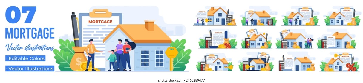 Set of flat illustrations of mortgage and rent concepts, House loan or money investment to real estate, Mortgage loan, Purchasing property, Home loan, Home bank credit 