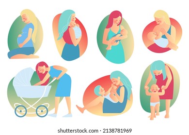 Conjunto de ilustraciones planas del cuidado de la madre a los niños. Sentarse en mujeres embarazadas, alimentarse, pararse, jugar a madres con recién nacidos, niños de diferentes edades. Ilustraciones vectoriales aisladas en fondo blanco. 