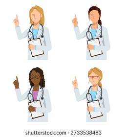 Set of flat illustrations of multinational female doctors giving advice by pointing