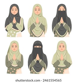 a set of flat illustrations of Muslim women wearing green black clothes and hijabs greeting