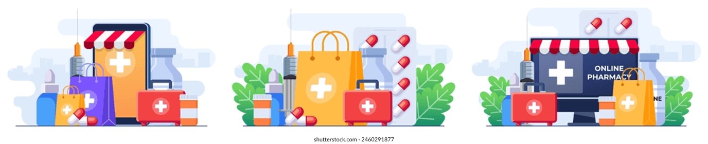 Conjunto de ilustraciones planas de medicamentos y medicamentos, medicamentos de farmacia, botiquín de primeros auxilios, jeringa, medicamentos, farmacia en línea, farmacia y medicina en línea