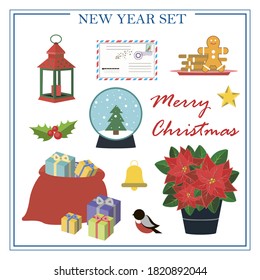 A set of flat illustrations for new year and Christmas. Vector set of isolated images with poissentia, gifts, holiday cookies, snow globe, Christmas lantern, letter to Santa Claus. Bright objects for