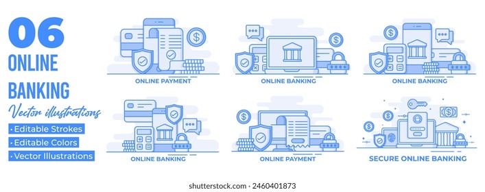 Set of flat illustrations of online banking and mobile payment, log into bank account, Digital wallet, internet money, Savings and finance, Mobile banking
