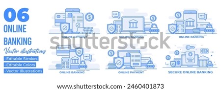Set of flat illustrations of online banking and mobile payment, log into bank account, Digital wallet, internet money, Savings and finance, Mobile banking
