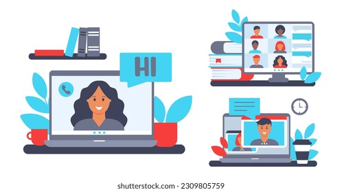 Set of flat illustrations of online chat with people at computer and laptop, concepts for web banners
