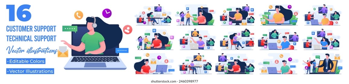 Set of flat illustrations of online customer support, Helping to solve problems, Technical support, telemarketing operator, Assistance, Remote consultant, Advice clients 
