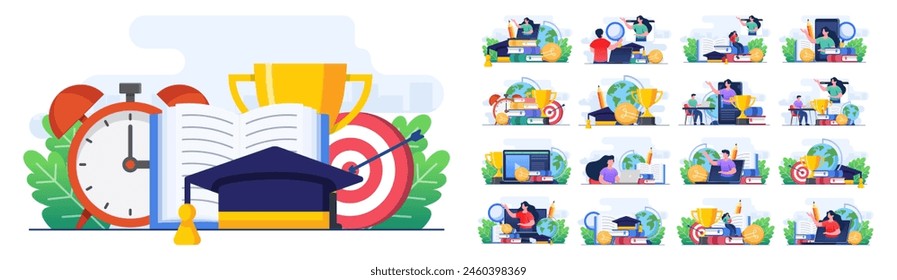 Set of flat illustrations of online education, e-learning, online course, online webinar, video tutorial
