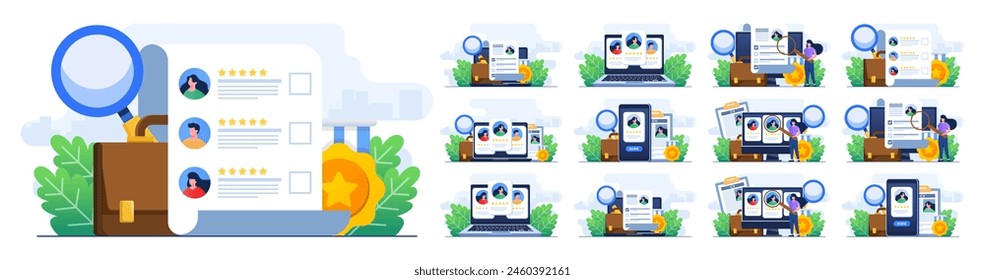  Set von flachen Illustrationen von Online-Bewerbungen, Stellenbewerber, Einstellung, Vorstellungsgespräch, Einstellung, Wir beschäftigen uns, Jobsuche